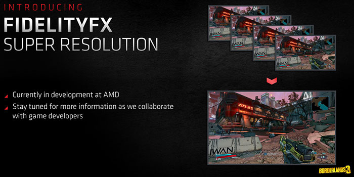 Promotional image showing FidelityFX Super Resolution in Borderlands 3 with a message to 'stay tuned for more information' 
