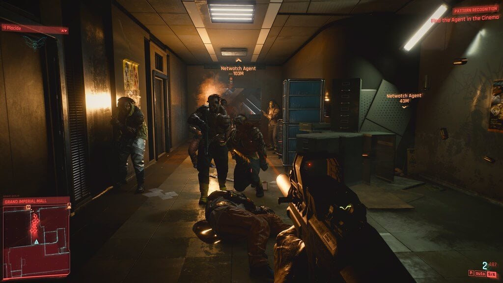 Screen capture image from the FidelityFX Super Resolution supporting game, Cyberpunk 2077, showing a shoot out in a dark alley