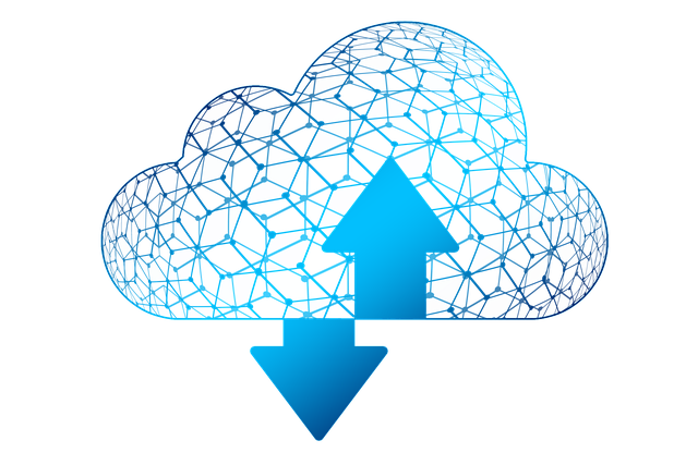 Futuristic graphic design image of a cloud storage network showing upload and download arrows