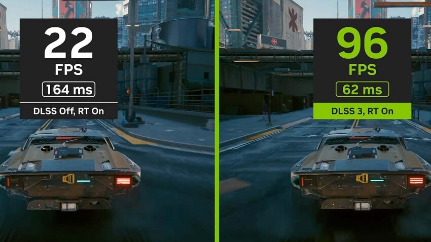 Image comparing the FPS difference in Cyberpunk 2077 between using DLSS and not on a 4090 GPU 