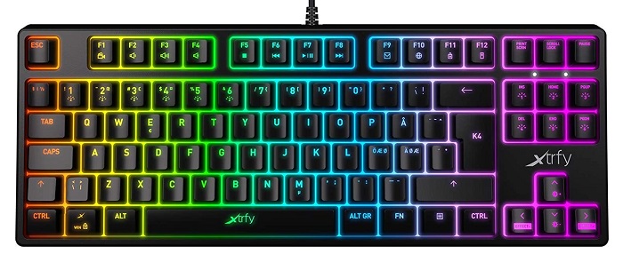 Image of an Xtrfy K4 TKL gaming keyboard with rainbow RGB lighting