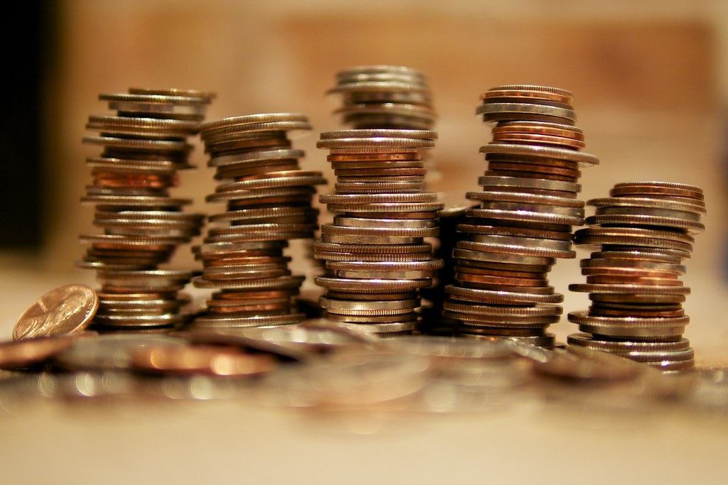 Close up of stacks of coins
