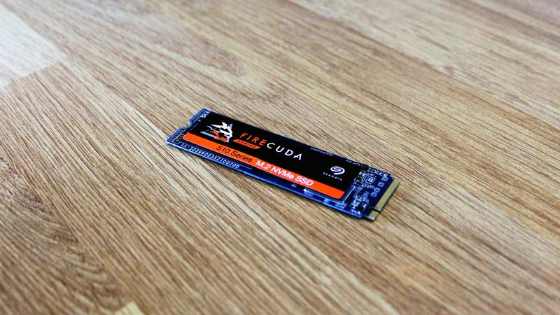 Image of a Seagate FireCuda M.2 NVMe SSD laying flat on a table