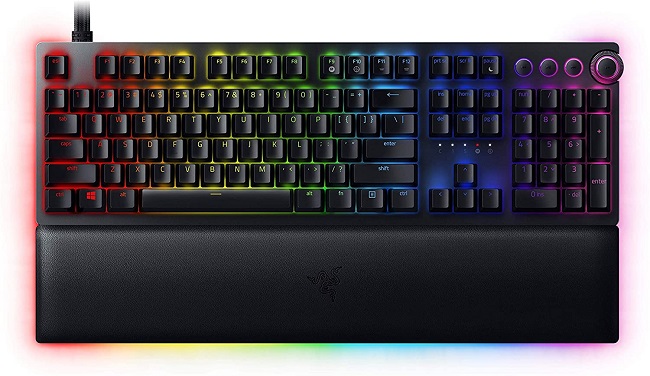 Image of a Razer Huntsman V2 mechanical gaming keyboard showcasing its RGB lighting.