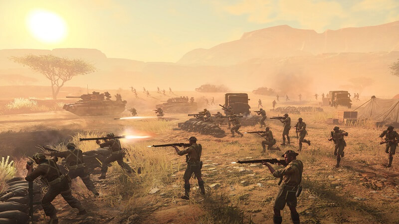 Game capture image from Company of Heroes 3 showing an army of soldiers fighting during a sunset