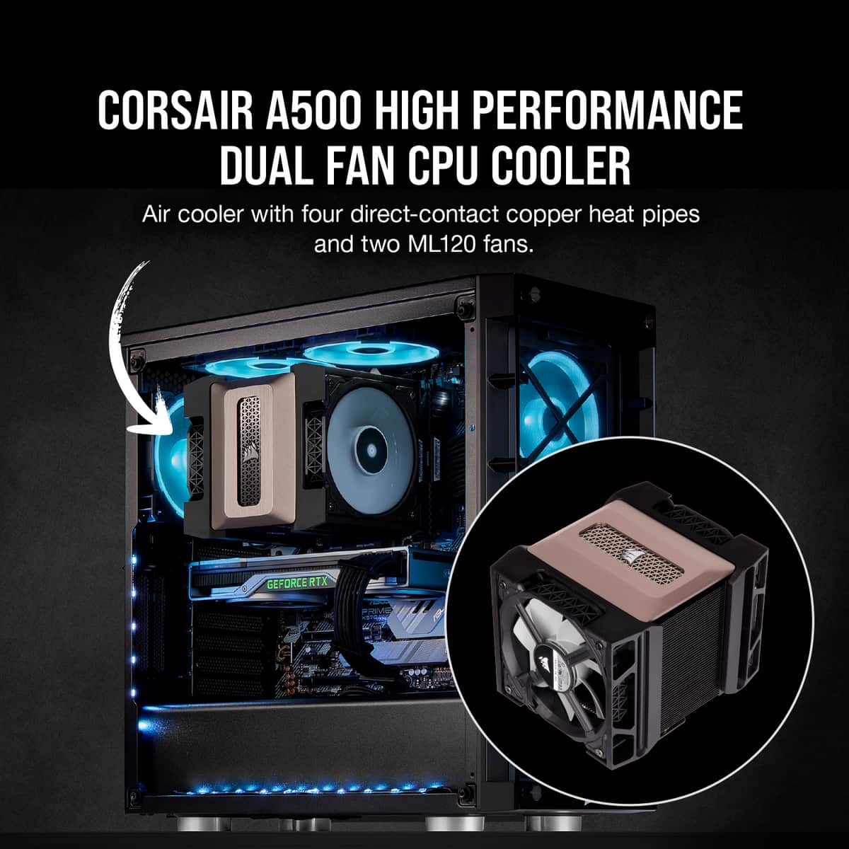 Promotional image of the Corsair A500 CPU cooler that shows a complete PC build featuring it, with a piece of text and an arrow labelling it.