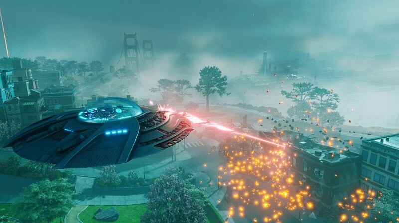 Game capture image from the game Destroy All Humans 2: Reprobed showing a spaceship firing a laser at a building