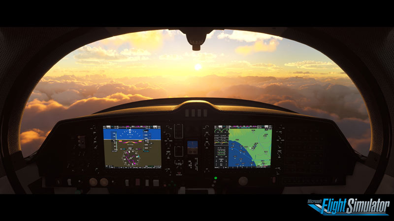 Screen capture image from Microsoft Flight Simulator 2020 from inside a cockpit looking out across the clouds during golden hour