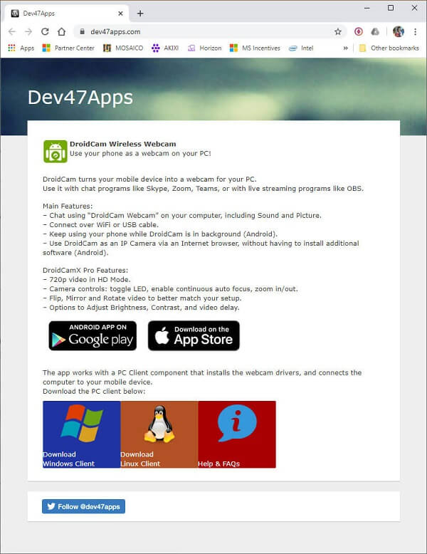 Dev47Apps webpage showing download links