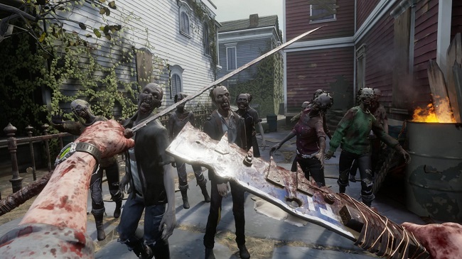 Game capture image from The Walking Dead Saints and Sinners showing the player facing off against a group of zombies