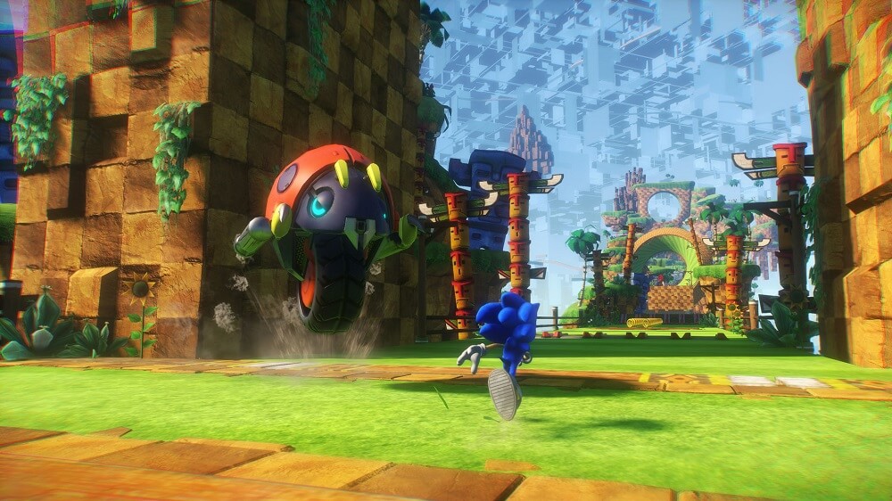 Game capture image from Sonic Frontiers showing Sonic running past a one-wheeled enemy