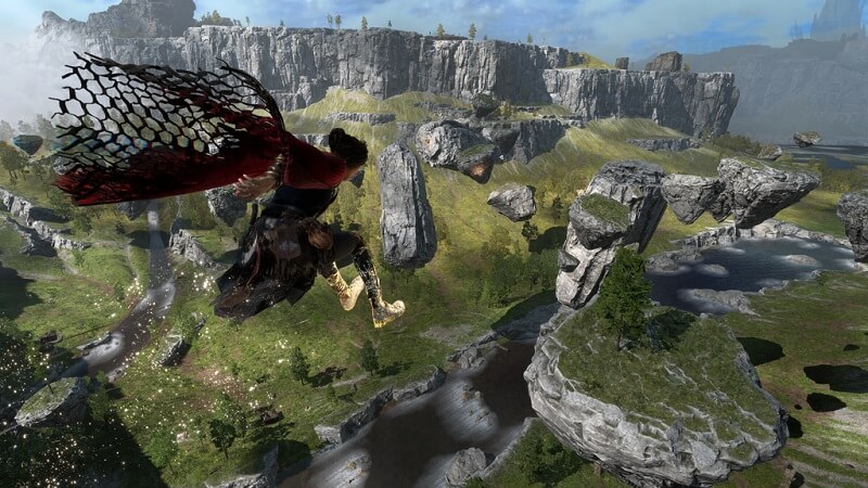 Game capture image from Forspoken showing the main character mid jump above floating rocks