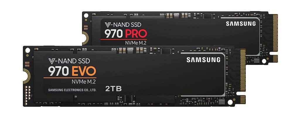 Image of a Samsung 970 Evo and 970 Pro NVMe SSD against a white background