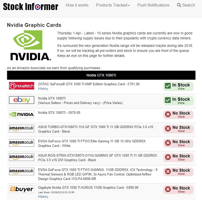 Screenshot from Stock Informer showing its stock results when searching for an Nvidia GTX 1080Ti graphics card