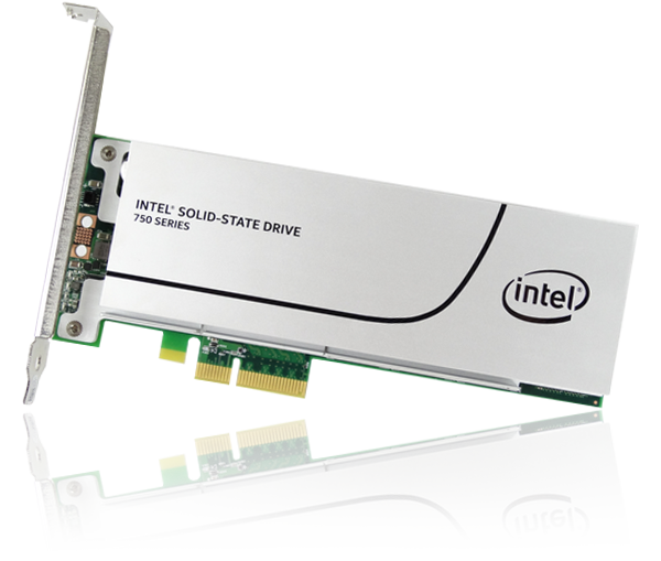 Image of an Intel 750 series 400GB PCI Express SSD against a white background.