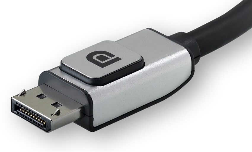 Close up image of a DisplayPort 2 cable and its connector
