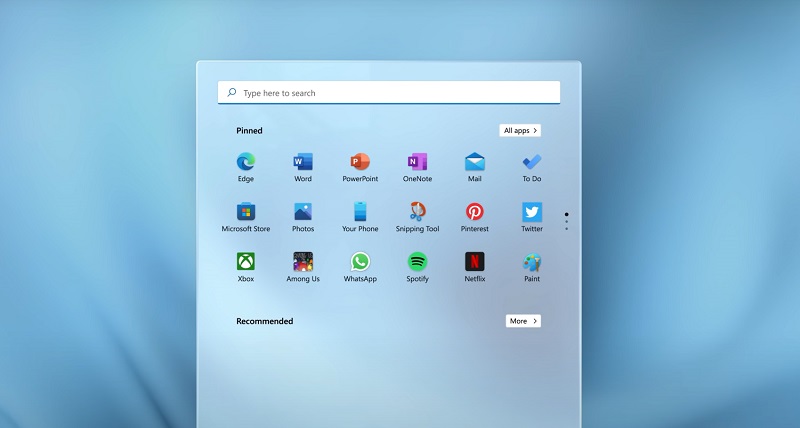 Image of the Windows 11 search bar with pinned apps underneath