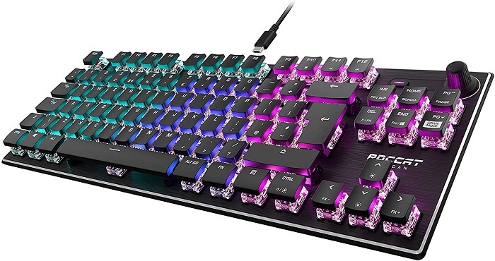 Image of a Roccat Vulcan TKL gaming keyboard that shows off its clear switches