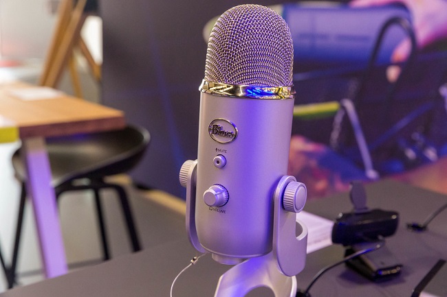 Image of a silver Blue Yeti Microphone on a table