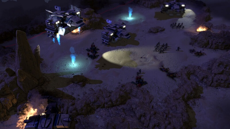 Game capture image of a night time environment in the game Starship Troopers – Terran Command