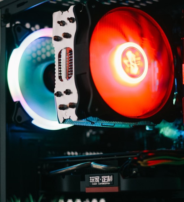 Close up image of a CPU cooler fan glowing red