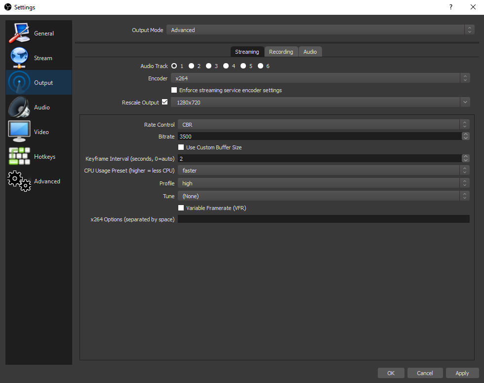 Screenshot of the output settings menu in the OBS streaming software