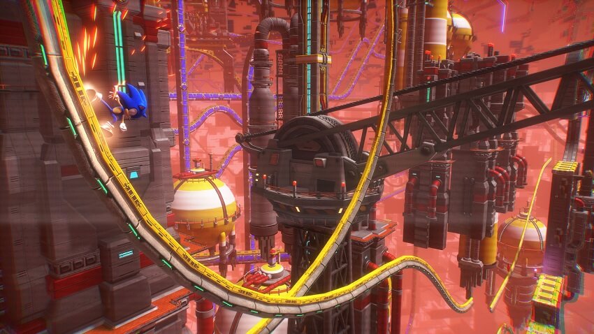Game capture image from Sonic Frontiers showing Sonic grinding on a rail through a futuristic city