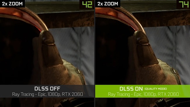 Image showing the contrast between having DLSS off and DLSS on in-game with ray-tracing turned on