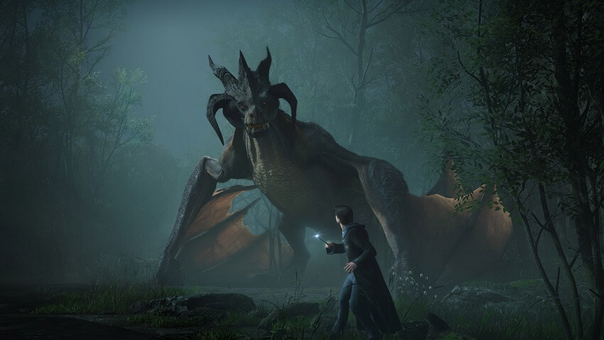 Game capture image from Hogwarts Legacy showing a wizard character facing a large dragon foe
