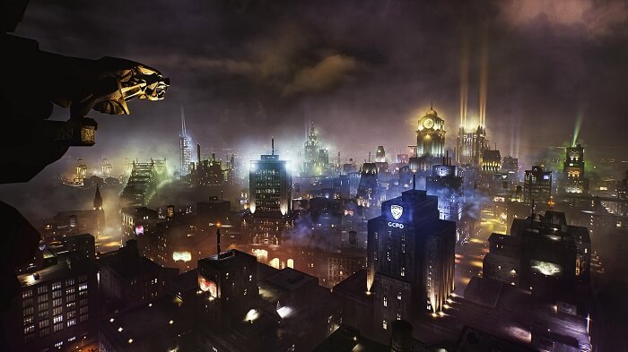 Game capture image showing the Gotham City skyline from the game Gotham Knights