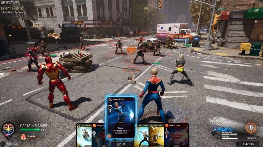 Gameplay image from Marvel's Midnight Suns showing the card-based battles