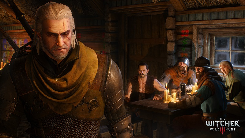 Promotional image for The Witcher 3 PC game showing a group of men around a candle-lit table looking over at the protagonist