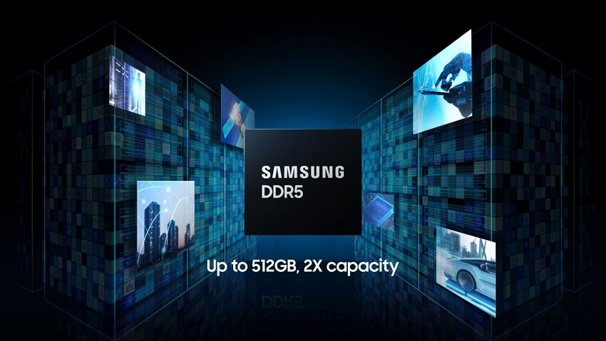 Promotional image for Samsung's DDR5 ram, showcasing up to 512GB capacity