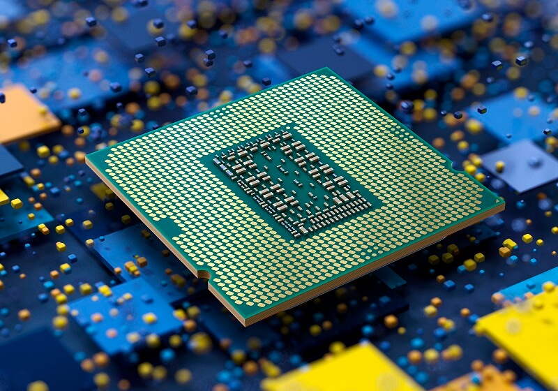 A promotional image that shows the underside of an 11th gen Intel CPU
