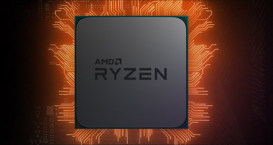 Promotional image of an AMD Ryzen CPU with glowing orange circuitry behind it 
