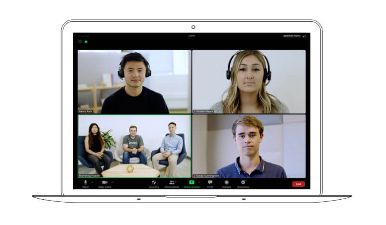 Image of a 4-way video call on Zoom on a laptop
