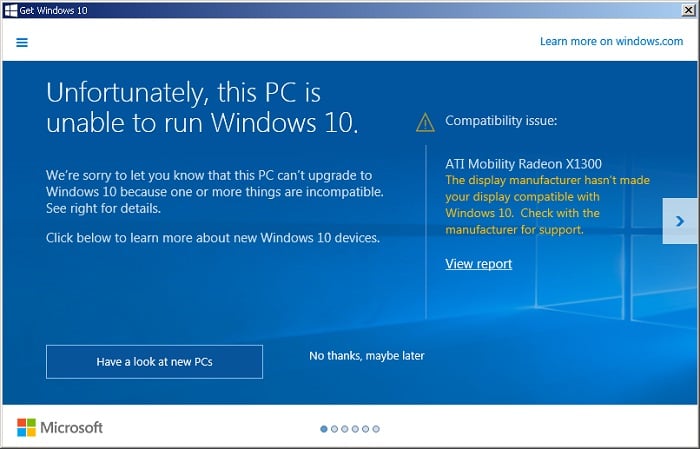 Screenshot of an error window highlighting that the system is unable to run Windows 10