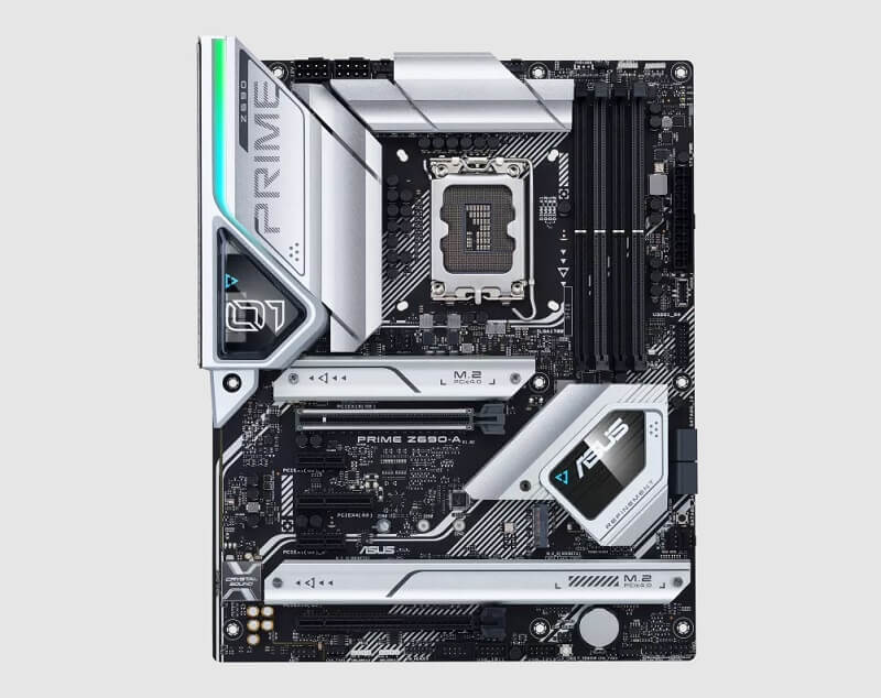 Image of an Asus Prime Z690 motherboard with silver and RGB accents
