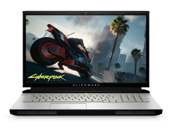 An open Alienware gaming laptop with a still from Cyberpunk 2077 on the screen