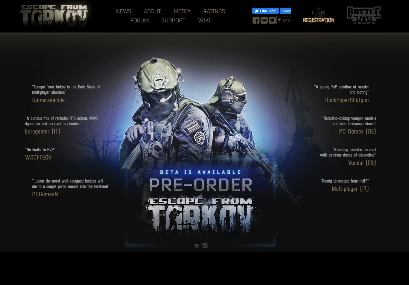 Screenshot of the Escape From Tarkov website home page