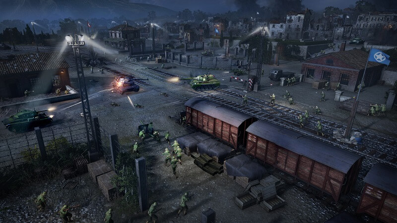 Game capture image from Company of Heroes 3 showing a fight alongside train tracks at night