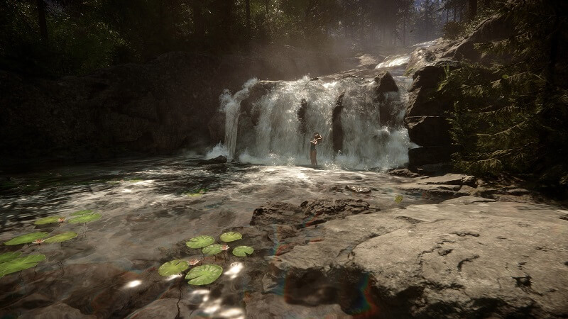 Game capture image from Sons of the Forest showing a figure stood under a small waterfall