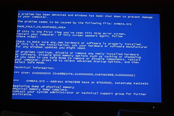 Image of the dreaded 'Blue Screen of Death' highlighting that the PC has detected an error and has been shut down to prevent damage