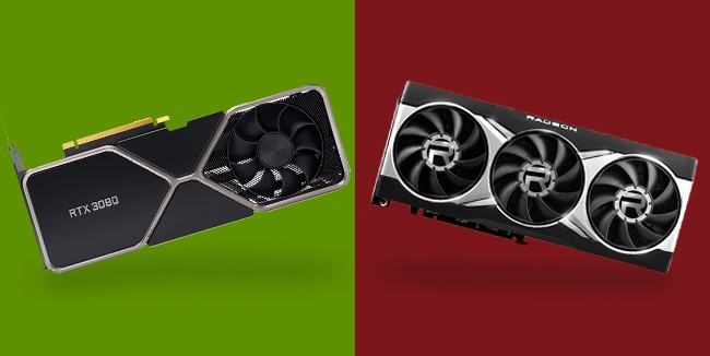 Image of an Nvidia RTX 3080 vs an AMD 6800 XT GPU 