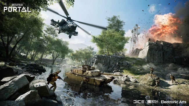 In game image of Battlefield 2042 that showcases tanks and helicopters amongst the fighting soldiers