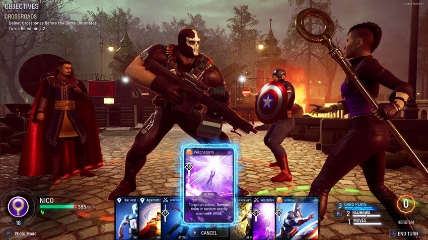 Gameplay image from Marvel's Midnight Suns showing card-based battle