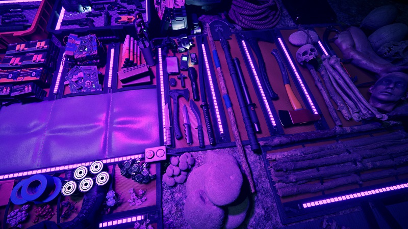 Game capture image from Sons of the Forest showing a flat lay of various tools and collected items