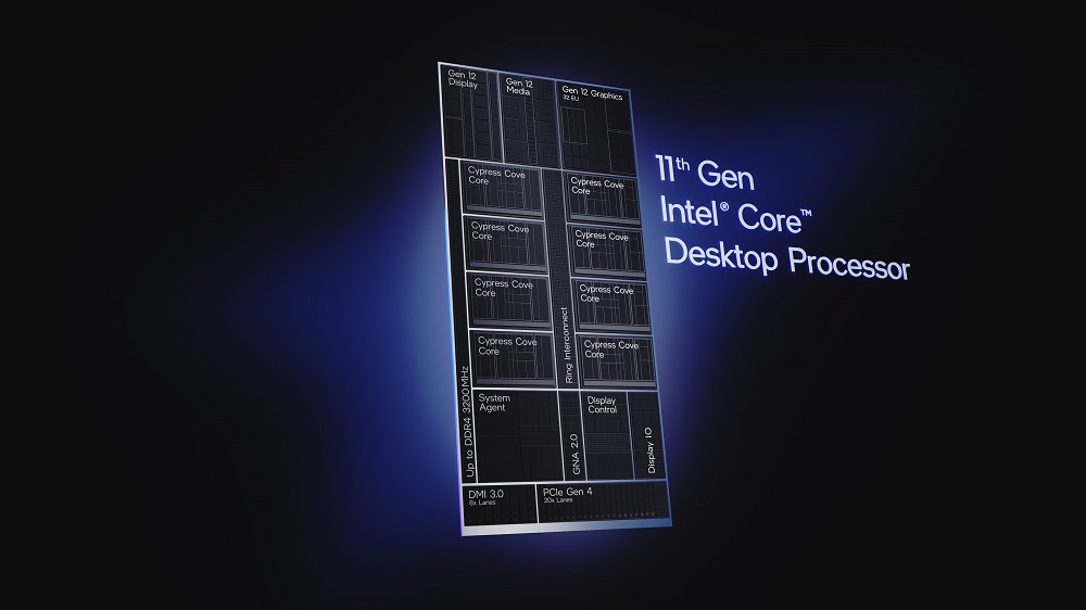 An annotated promotional image of the different sections that make up an 11th Gen Intel CPU against a dark background