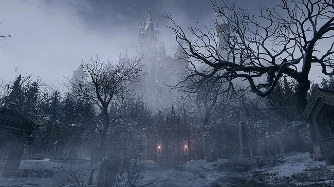 Gameplay screen capture image from Resident Evil Village taken looking up at Castle Dimitrescu from a foggy graveyard