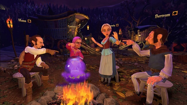 Game capture image from the game Werewolves Within showing the characters sat around a campfire